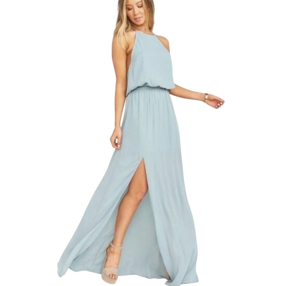 Tibi New York Light Blue Silk‎ Halter Neck Maxi Dress Slit Size 8